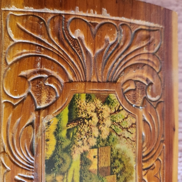 Vintage Handmade Carved Wood Vanity Cedar Wood Box w/ Painted Dome Lid & Mirror - Picture 9 of 15